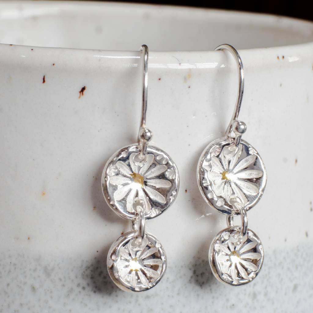 silver double daisy drop earrings by elin mair janglerins