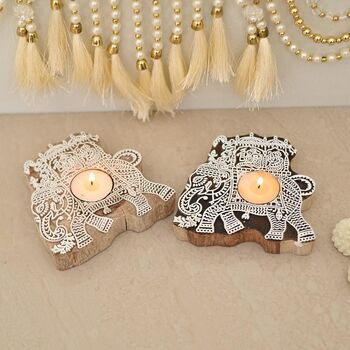 Elephant Wooden Tea Light Candle Holder Set Of Two, 3 of 3