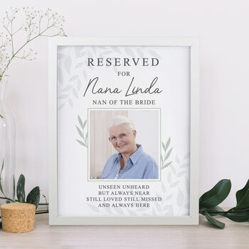 Personalised 'Reserved For' Memorial Photo Wedding Seat Sign White Frame, 2 of 4