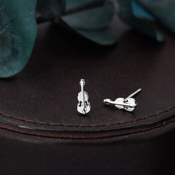 Tiny Violin Stud Earrings In Sterling Silver, 2 of 11