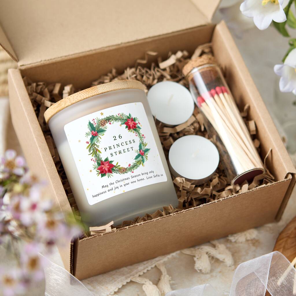 First Christmas New Home Personalised Wreath Design Candle Gift Set, 1 of 8