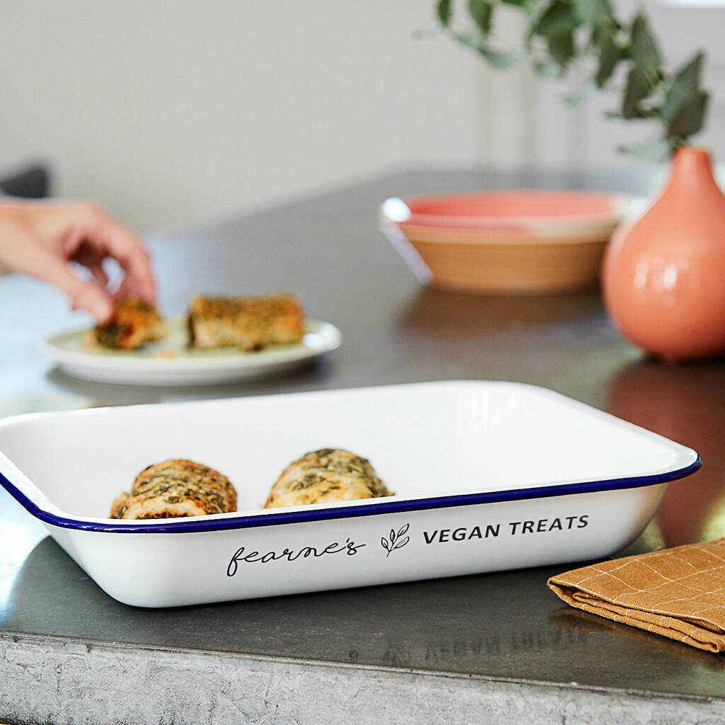 Personalised Vegan Treats Enamel Baking Tray, 1 of 3