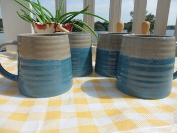 Set Of Four Reactive Glaze Brûlée Mugs In Light Blue And Grey Mist, 2 of 10