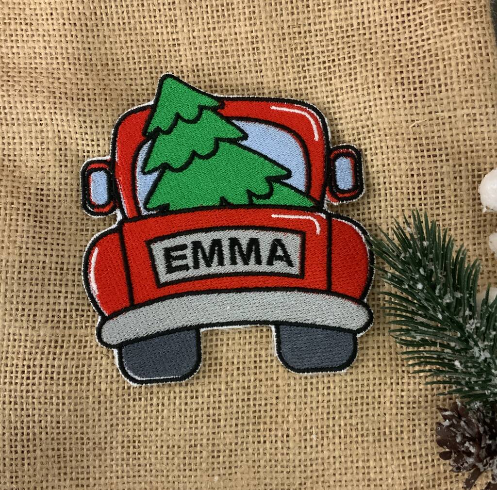 Personalised Christmas Truck With Tree Embroidered Fabric Name Patch, 1 of 2