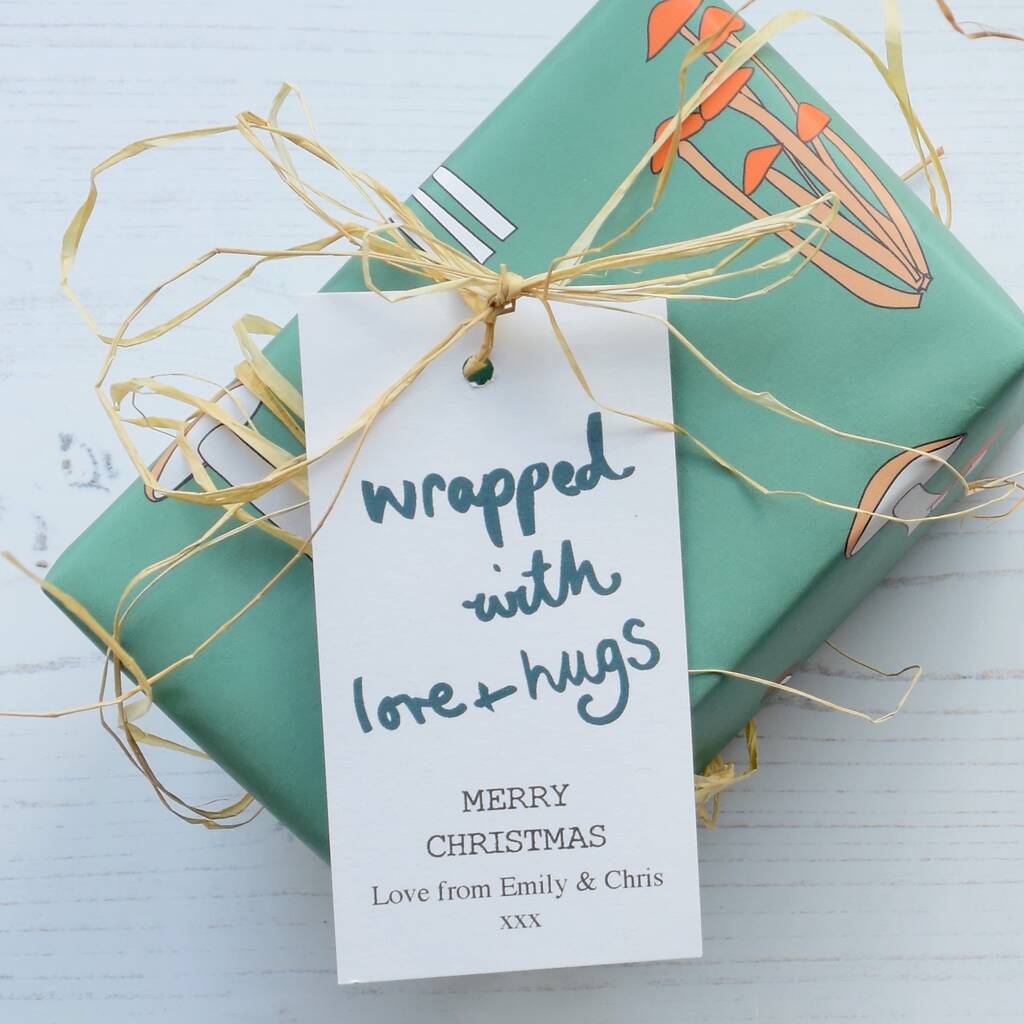 10 Personalised 'Wrapped With Love And Hugs' Christmas Gift Tags, 1 of 3
