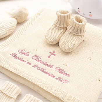 Toffee Moon Cream Pointelle Baby Blanket And Booties, 6 of 12