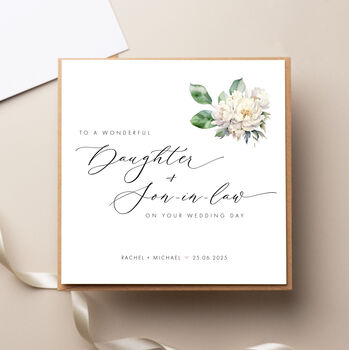 Son And Daughter In Law, White Flower Floral Wedding Card, 2 of 3