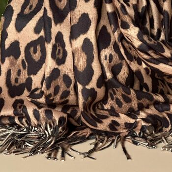 Leopard Print Scarf With Tassels In Brown, 3 of 4