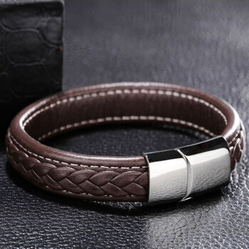 Mens Personalised Leather Strap Steel Bracelet, 9 of 10