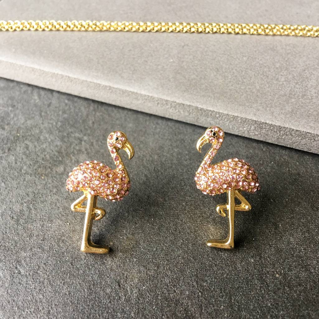 Gold And Pink Gem Flamingo Earrings By Lime Lace