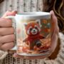 Personalised Autumn Red Panda Playing In Leaves Gift Mug, thumbnail 1 of 2