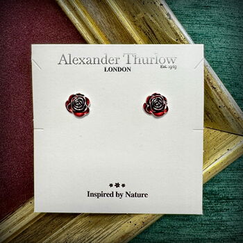 Red Rose Stud Earrings, Silver Plated, 4 of 5