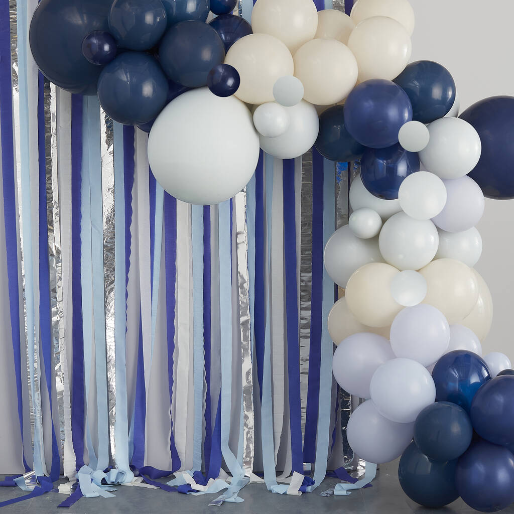 Blue And Silver Streamer Balloon Arch Party Backdrop By Ginger Ray