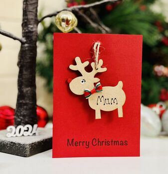 Personalised Mum And Dad Bauble Reindeer Christmas Card, 3 of 4