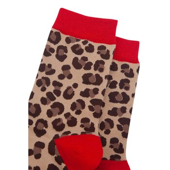 Leopard Print Contrast Cuff Women's Bamboo Socks Beige Red, 4 of 5