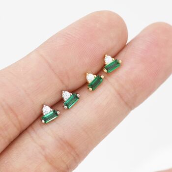 Emerald Green Baguette And Round Cz Stud Earrings, 2 of 12