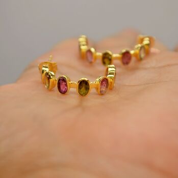 Pink Green Tourmaline Silver Hoop Earrings, 7 of 12