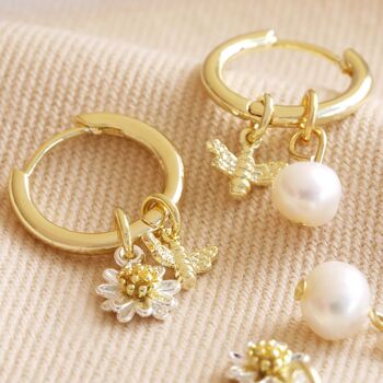 Daisy Pearl And Bee Charm Hoop Earrings In Gold Plating, 7 of 9