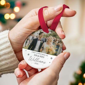 Personalised Mr And Mrs First Christmas Ceramic Ornament, 4 of 8
