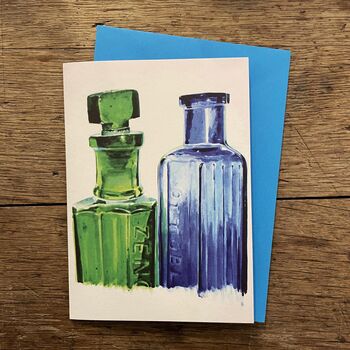 Green And Blue Vintage Bottles Blank Greetings Card, 3 of 3