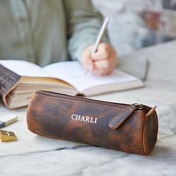 Personalised Buffalo Leather Round Pencil Case, 2 of 10