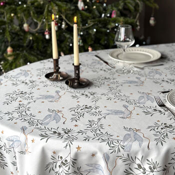 Luxury Heavy Linen Feel Tablecloth Christmas Doves Of Peace, 6 of 6