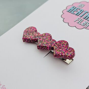 Pink Heart Glitter Hair Clip / Resin Barrette / Statement Shimmering Hair Slide / Love Theme Accessory, 4 of 4