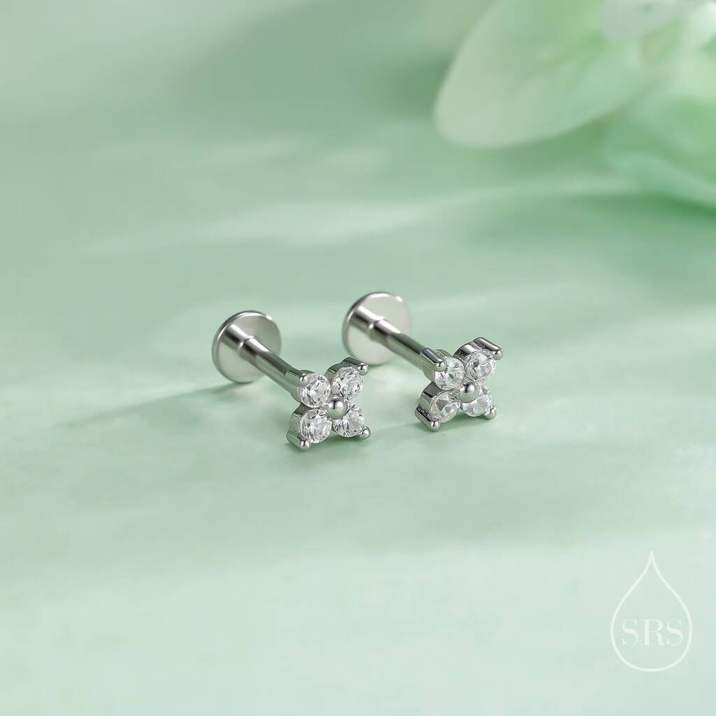 Hydrangea Cz Internally Threaded Flat Back Earrings In Sterling Silver, 1 of 11