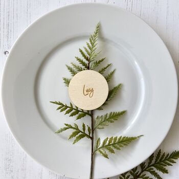 Round Wooden Wedding Favour Place Name Settings, 3 of 9