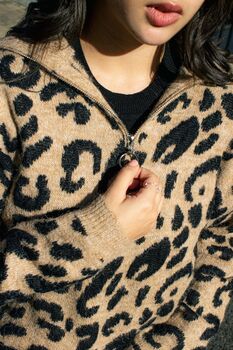 Beige Three Quarter Zip Leopard Print Jumper, 5 of 6