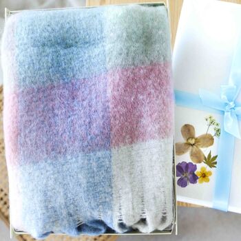 Women's Chunky Wool Pink Blue Check Long Scarf Gift Box, 2 of 4