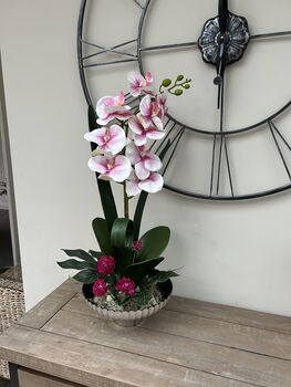 Large Pink Phalenopsis Orchid In Silver Fluted Bowl, 9 of 9