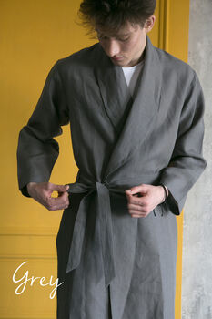 Navy Linen Robe For Men, 6 of 12