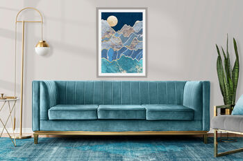 Gold Blue Moonlight Mountains Original Wall Art Print, 4 of 7
