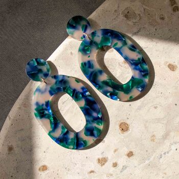 Blue And Green Tortoise Shell Oval Hoop Dangle Earrings, 3 of 6