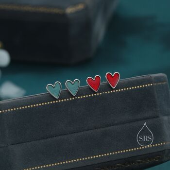Sterling Silver Red Enamel Glaze Heart Stud Earrings, 2 of 12