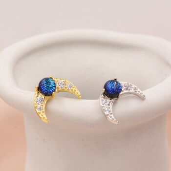 Crescent Moon And Blue Crystals Stud Earrings, 2 of 11