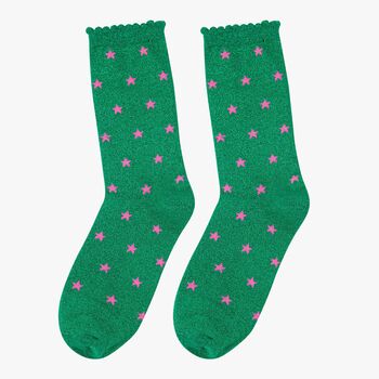 Women's Glitter Socks Green Stars, 2 of 5