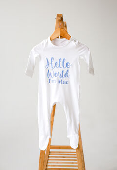 'Hello World' Embroidered Personalised Babygro Sleepsuit, 4 of 6