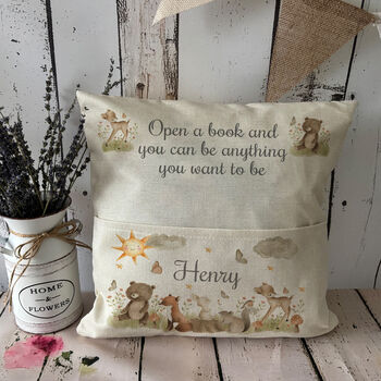 Personalised Woodland Pocket Pillow Cushion, Kids Reading Nook Decor, 2 of 2