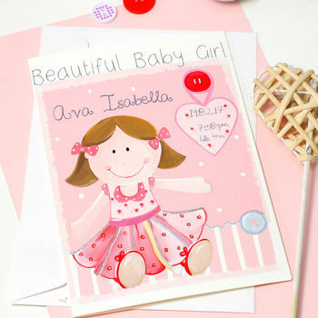 Personalised Rag Doll New Baby Girl Card, 8 of 9