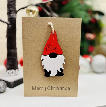 Personalised Gonk Christmas Card Wood Gnome Decoration, 5 of 7