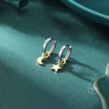 Mixed Tone Moon And Star Charm Huggie Hoop Earrings, 3 of 12