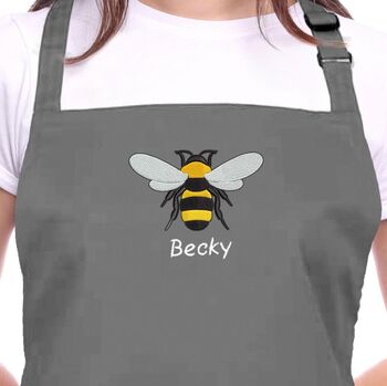 Personalised Embroidered Bee Apron In Grey, 2 of 5