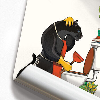 Black Leopard Cleaning Toilet, Funny Bathroom Print, 4 of 7