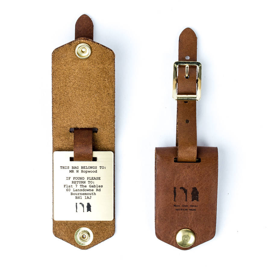 leather luggage tag with personalised insert by man gun bear ...