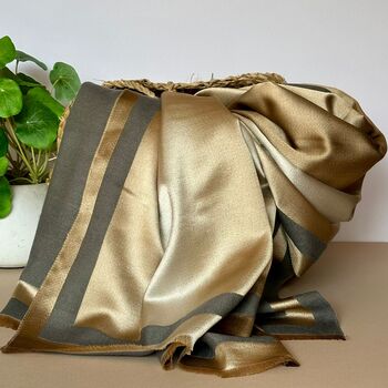 Silky Dark Grey And Gold Border Reversible Scarf, 4 of 8