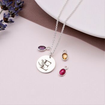 Sterling Silver Birthstone With Floral Initial Necklace, 4 of 5