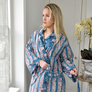 Block Printed Blue And Pink Floral Stripe Cotton Dressing Gown, 2 of 4