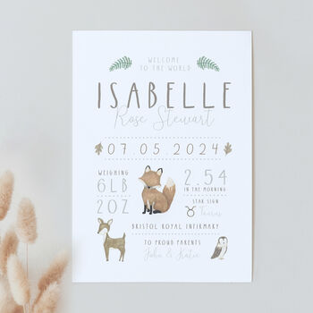 Personalised New Baby Birth Details Print Woodland Animals, 2 of 4